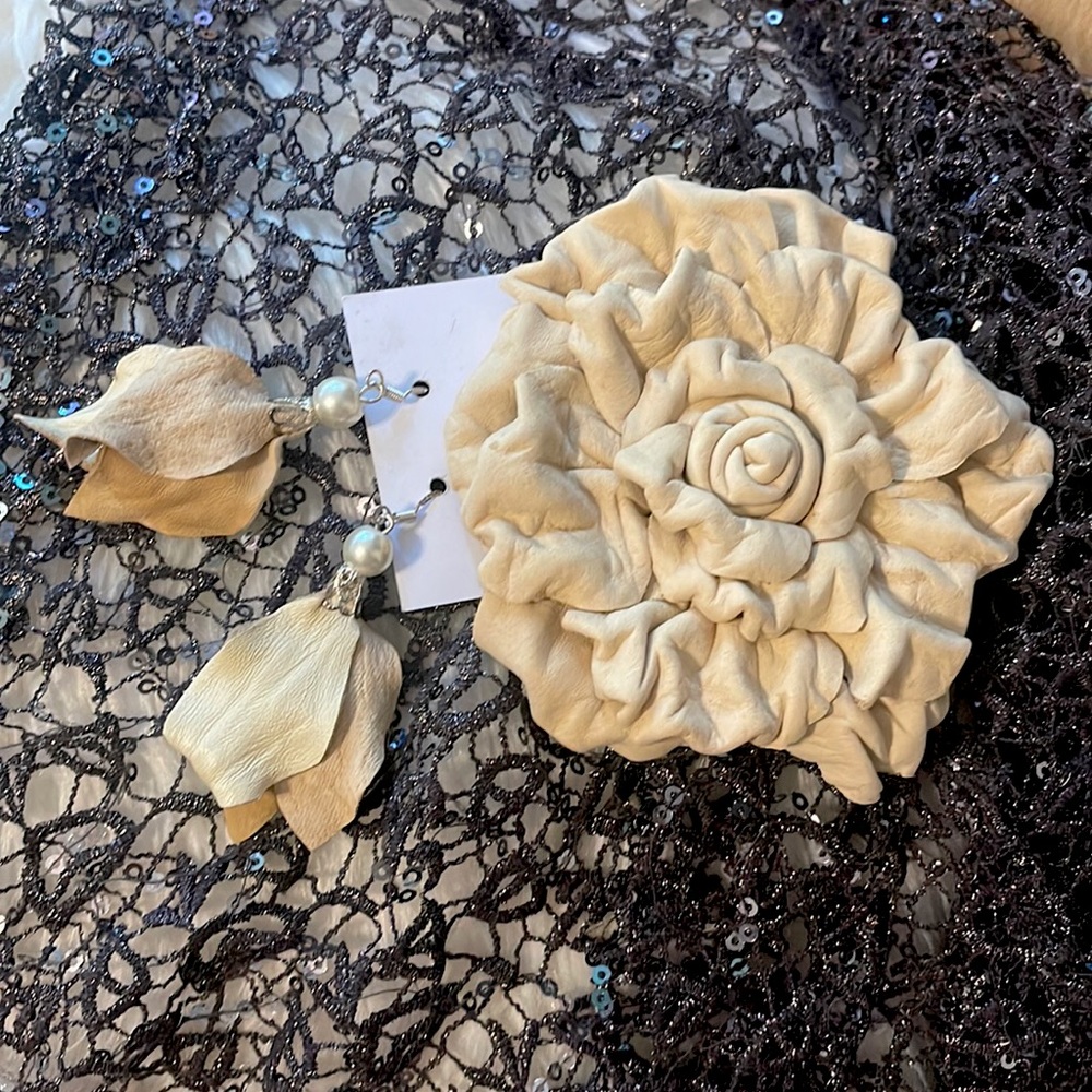 Handmade Real Leather And Stainless Steel Earrings with Matching Flower Pin